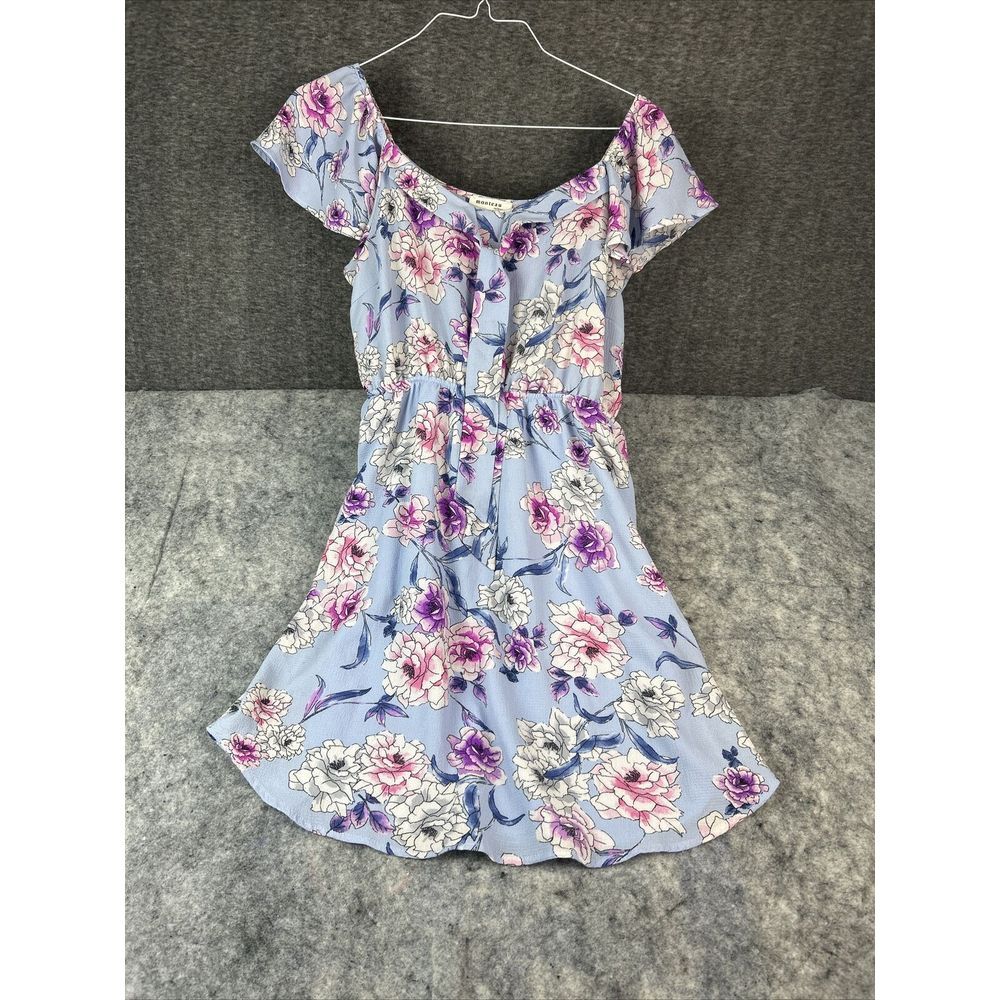 Monteau Light Blue Floral Off-Shoulder Long Sleeve Dress